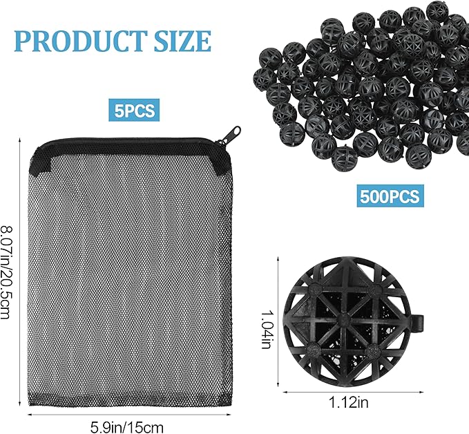 500 Pieces Black Bio Balls 1.02 Inch Internal Bioballs Filter Media for Aquarium Filter&Pond Filter with 5 Pieces Aquarium Filter Media Mesh Bags