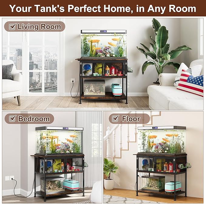 TQVAI 40-55 Gallon Fish Tank Stand with Power Outlets, Heavy Duty Aquarium Stand with Cabinet Storage Fish Tank Accessories, Large Reptile Terrarium Tank Stand, Black/Vintage