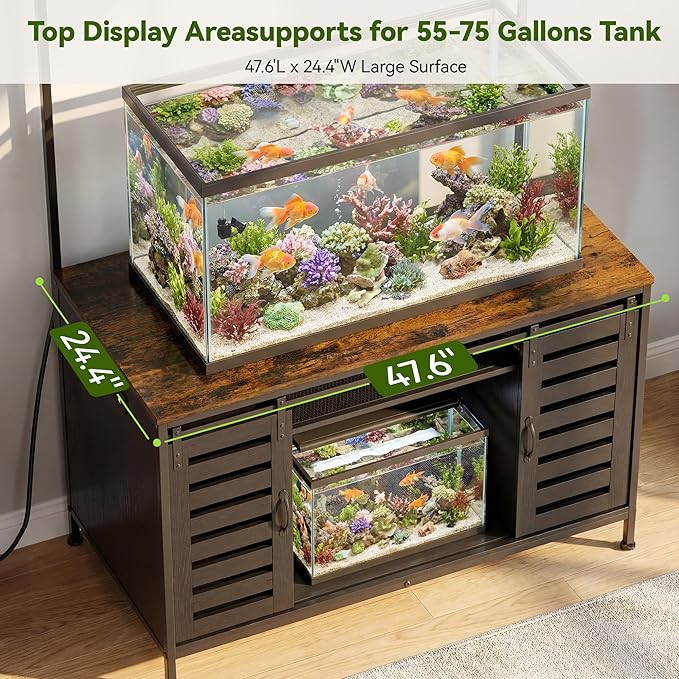 Petrova 100-120 Gallon Fish Tank Stand with Power Outlet, Metal Double Aquarium Stand with Storage Cabinet and Sliding Barn Door, Heavy Duty Reptile Tank Stand, 48" L* 24"W Tabletop, 1000LBS Capacity, Black