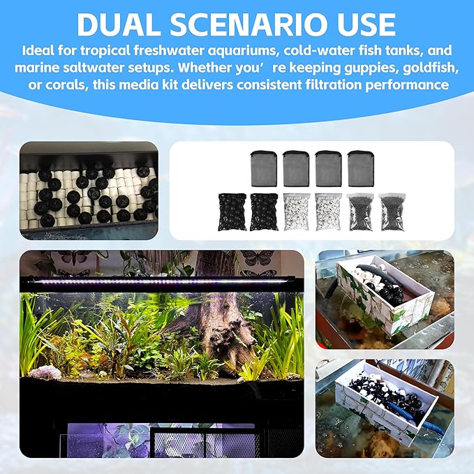 Aquarium Filter Media Double Pack - Activated Carbon, Bio Balls & Ceramic Rings Fit Most Filter Systems for Freshwater & Saltwater Fish Tanks
