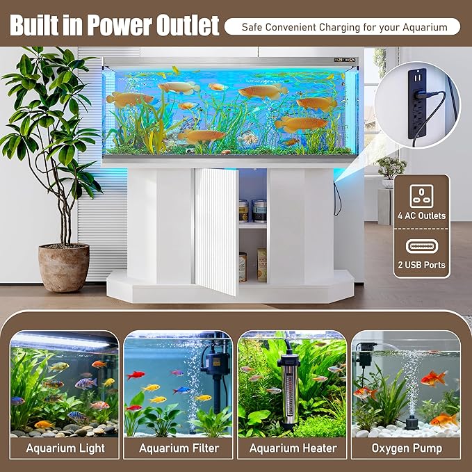 55-75 Gallon Fish Tank Stand with Power Outlet, Modern Heavy Duty Aquarium Stand with Cabinet Storage for Fish Tank/Turtle Tank/Reptile Terrarium, 880LBS Capacity, White