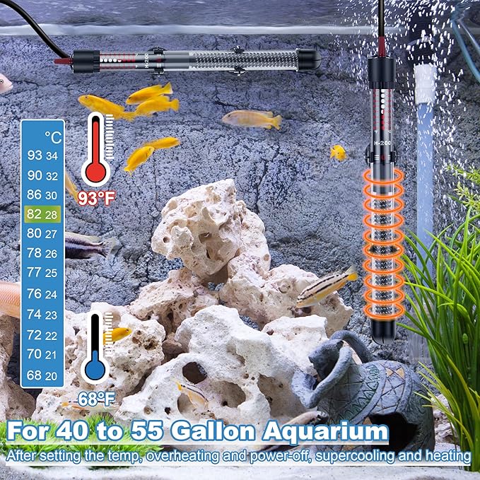 Dreyoo 2 Set 300W Submersible Aquarium Heater, Adjustable Aquarium Fish Tank Heater with 4 Thermometers Stickers and Suckers, Adjustable Knob Thermostat for Marine Saltwater and Freshwater
