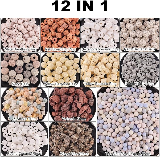 Bio Media for Aquarium Filter 2.2 Ib Bio Balls for Aquarium Filter Media 12 In 1 Ceramic Rings Filter Accessories for Fish Tank and Pond Decorations, Ceramic Rings Filter With Mesh Bag (1 Kg)