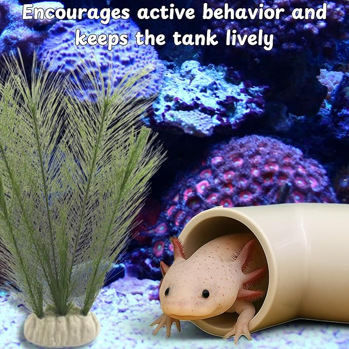 Axolotl Hide Tube and Silk Plants for Aquarium, Axolotl Cave and Aquatic Plant Set, Axolotls Hides and Green Plants, Aquarium Decor, Fish Tank Decorations, Turtle Tank Accessories (White, 11 * 3.5in)