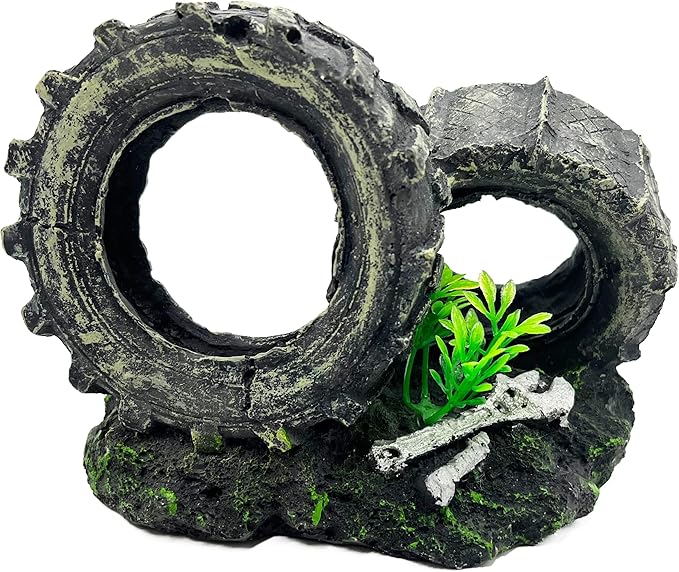Mipukbay Fish Tank Decoration, Truck Wheel Aquarium Decor Hiding Cave Ornament for Freshwater/Saltwater, Safe Landscaping Rock Resin Decoration for Betta Fish, Goldfish and Aquatic Pets