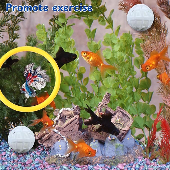Betta Fish Enrichment Toys Ring and Filter Balls set, Fishes Ring Enrichment Toy and Tank Cleaner Ball, Aquarium Feeding Rings with Nitrifying Balls, Betta Fish Tank Accessories (Yellow, 6.4cm)