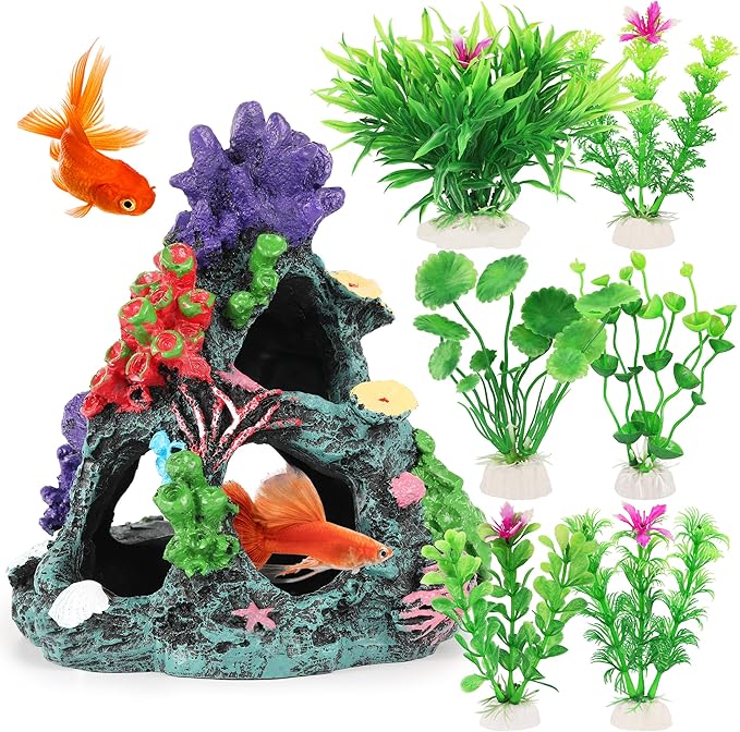 MyLifeUNIT Fish Tank Decorations, 7 Pieces Aquarium Plants Set with Coral Reef Decoration Mountain Cave Ornament for Betta, Goldfish, Shrimp to Breed, Play and Rest (Green)