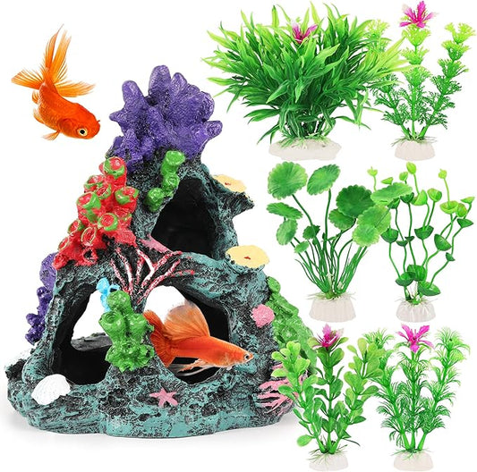 MyLifeUNIT Fish Tank Decorations, 7 Pieces Aquarium Plants Set with Coral Reef Decoration Mountain Cave Ornament for Betta, Goldfish, Shrimp to Breed, Play and Rest (Green)