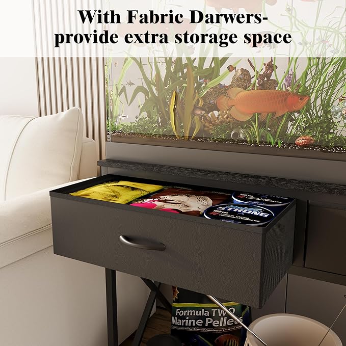 40-50 Gallon Fish Tank Stand，Aquarium Holder with Power Outlet and 2 Drawers，Heavy Duty Breeder Turtle Terrarium Stand Suitable for Turtle Tank, Reptile Terrarium, for Home Office (Black)