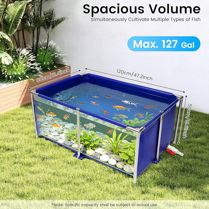 Foldable Fish Pond, Above Ground Pond with Drain Valve, Canvas Fish Tank for Goldfish Koi Lobster Leeches Prawns, Indoor/Outdoor Small Fish Aquarium
