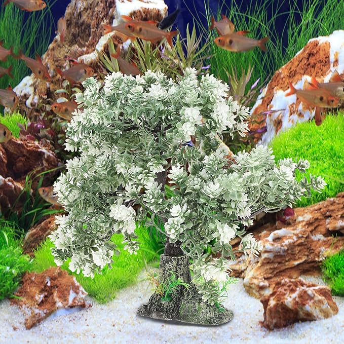 POPETPOP Aquarium Decor Fake Tree 4.13X2.36X10.62In Realistic Silk Plastic Bonsai Plant Fish Tank Ornament for Freshwater Saltwater Aquariums Home Office Decoration