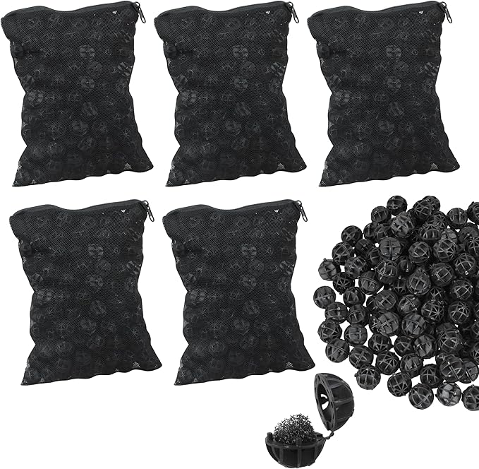 500 Pieces Black Bio Balls 0.6 Inch Internal Bioballs Filter Media for Aquarium Filter Pond Filter with 5 Pack Zippered Aquarium Filter Media Mesh Bags