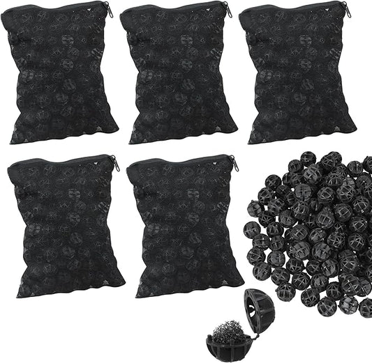 500 Pieces Black Bio Balls 0.6 Inch Internal Bioballs Filter Media for Aquarium Filter Pond Filter with 5 Pack Zippered Aquarium Filter Media Mesh Bags