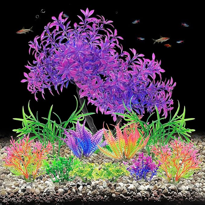 AQUANEAT Artificial Aquarium Plants, Fish Tank Purple Tree Decoration Set, Plastic Accessories, 11pcs