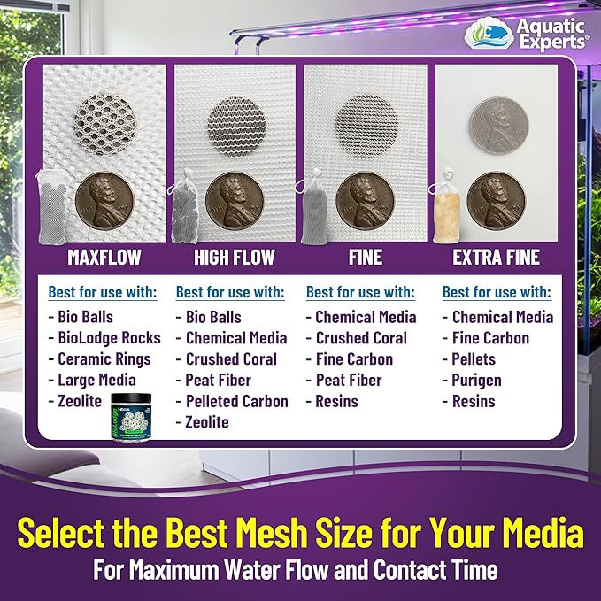 Aquatic Experts Fine Aquarium Media Bag, Durable Drawstring Bags for Fish Tank Filters, 450 Micron Mesh, (Fine, 3"x 4" - 4 Pack)