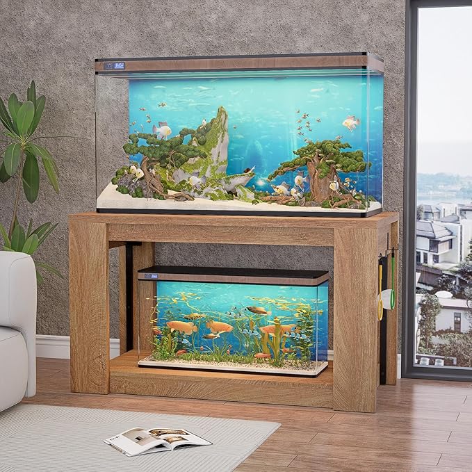 Farmhouse 75–120 Gallon Aquarium Stand for Fish or Reptile Tank, 48"x24" Tabletop Terrarium Stand with Power Outlet and Storage Shelves, Natural Brown Fish Tank Stand, 1500LBS Capacity