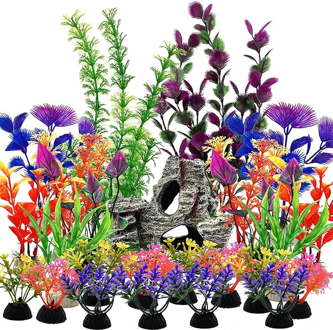 SLOCME 25 PCS Aquarium Plants & Rock Cave Decorations Set – Colorful Fish Tank Plastic Plants Ornaments with Resin Rock Hideout, Realistic Aquarium Decor Accessories for Freshwater & Saltwater Tanks
