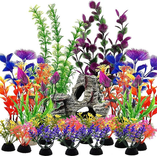 SLOCME 25 PCS Aquarium Plants & Rock Cave Decorations Set – Colorful Fish Tank Plastic Plants Ornaments with Resin Rock Hideout, Realistic Aquarium Decor Accessories for Freshwater & Saltwater Tanks