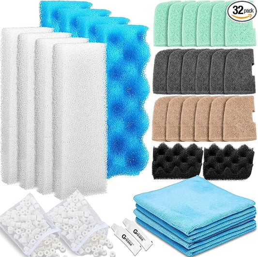 Threlaco 32 Pcs Filter Media Compatible with 306/307 Filters, Aquarium Replacement Maintenance Kit Including Biological Sponge, Ammonia/Phosphate/Nitrite Remover Pad, Aquarium Towel, Grease