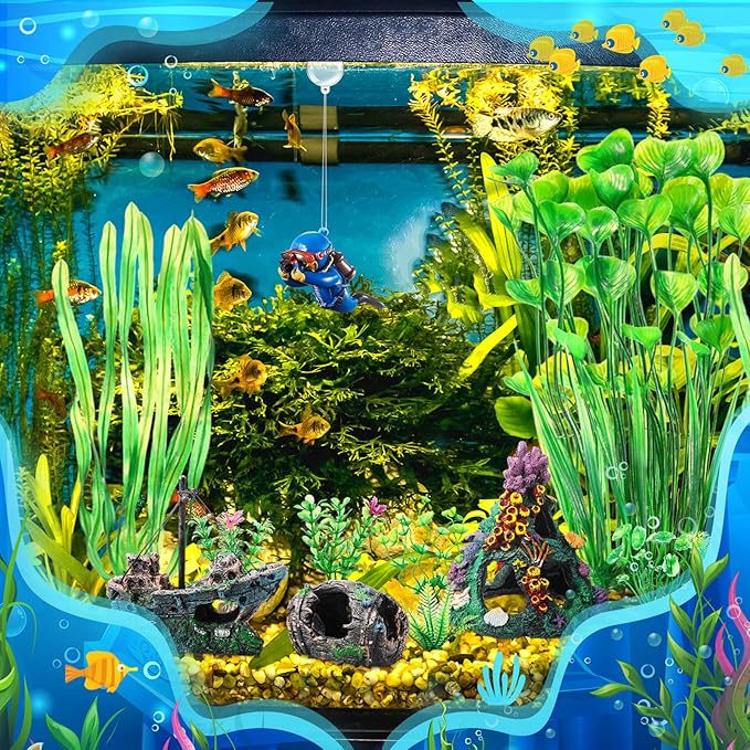 Zeyune 15 Pcs Fish Tank Decorations Mountain Ornament Broken Barrel Sunken Ship Artificial Seaweed Water Plants Colorful Coral Reef for Fish Bowl Aquarium Decor (Green)