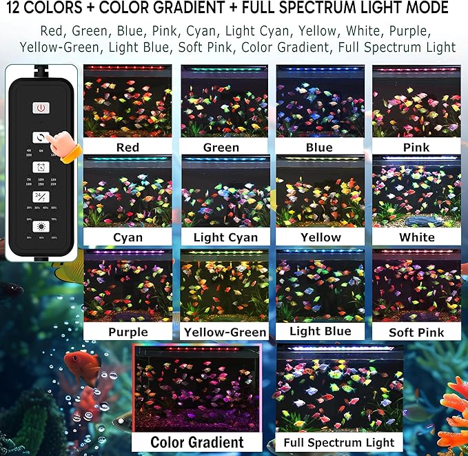 24/7 LED Aquarium Light for 18-24 Inch Plant & Fish Tank, 12-Color & Gradient & Full Spectrum with Auto On/Off, Brightness, Sunrise-Daylight-Moonlight, Extendable Brackets for Freshwater IP68