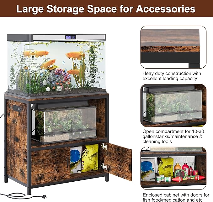 TQVAI 50-75 Gallon Fish Tank Stand with Power Outlets, Heavy Duty Aquarium Stand with Cabinet Storage Fish Tank Accessories, Large Reptile Terrarium Tank Stand, Black/Vintage