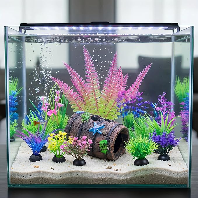 Ameliade Fish Tank Accessories Decorations Set with Broken Barrel Cave & 11 Artificial Aquatic Plants - Betta Goldfish Hiding Spots for Aquariums, Small Bowl Ornament Decor