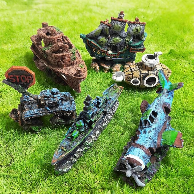 Aquarium Decor Set, Fish Tank Accessories Large Size Resin Sunken Warship Ornament Betta Fish Hideout Cave with 10 Artificial Aquatic Plants, 30-40 Seashells, 1 Floating Diver for Tank Shipwreck Decor