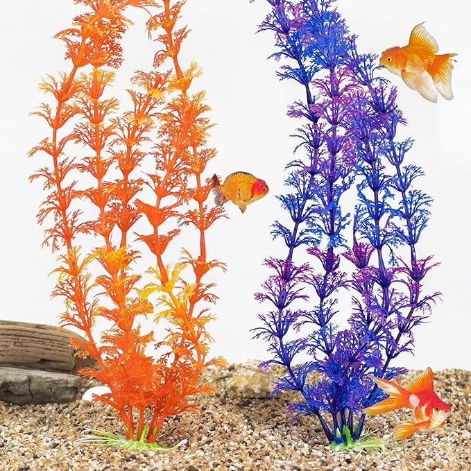 NW Wholesaler 12 Inch Faux Plants for Fish Tanks - Set of 2 Orange and Purple Artificial Plants for Freshwater and Saltwater Aquarium Decor and Fish Hideaway