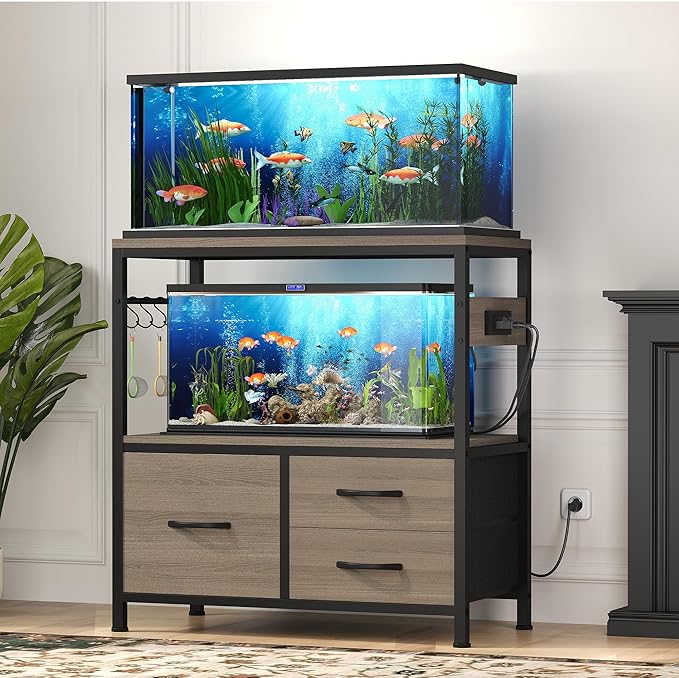 Heybly 20-29 Gallon Fish Tank Stand, Aquarium Stand with Drawer, Power Outlet, Heavy Duty Metal Frame, for Fish Tank, Turtle & Reptile Terrarium, 31.5" x 15.7" Top, 330lbs, Rustic Gray HAS001SG