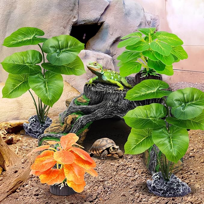 GOZILLA Fish Tank Plants, Reptile Artificial Plastic Plants, Reptile Plants for Terrarium, Aquarium Decorations Resin Pedestal Ornaments for Fish Tank Accessories Set.(4PCS/A-Set)