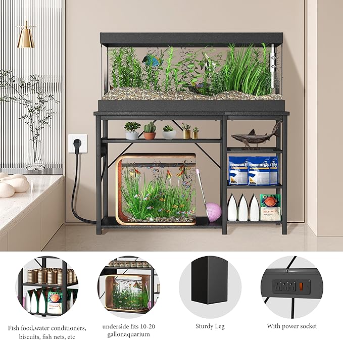 55-75 Gallon Fish Tank Stand: Heavy Duty Aquarium Stand with Power Outlets and Cabinet for Fish Tank Accessories Storage - Metal Frame, 1200LBS Capacity, Suitable for Fish & Reptile Terrariums