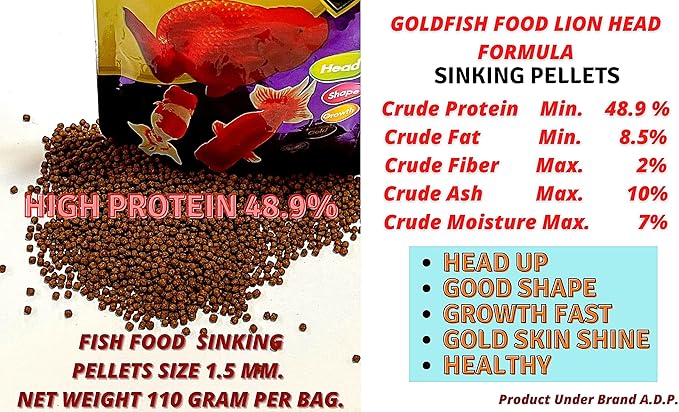 A.D.P. Lion Head UP Formula 100 g, Goldfish Food Sinking Pellet 1.5 mm, High Protein 48.9% Tropical Fish Color Enhancing, Highly Nutritious for Growth Fast Big Muscle & Mass Gain Healthy