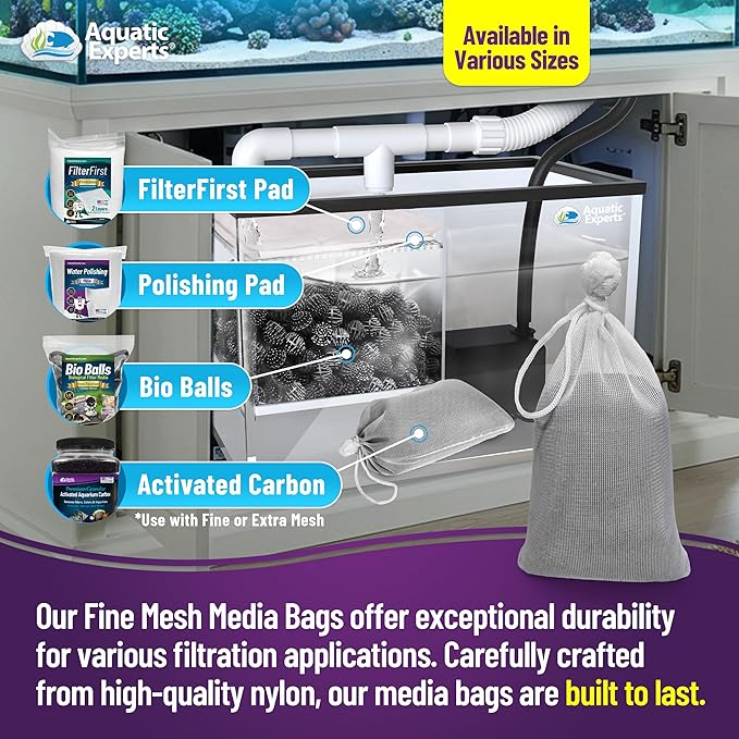 Aquatic Experts Fine Aquarium Media Bag, Durable Drawstring Bags for Fish Tank Filters, 450 Micron Mesh, (Fine, 3"x 8" - 4 Pack)
