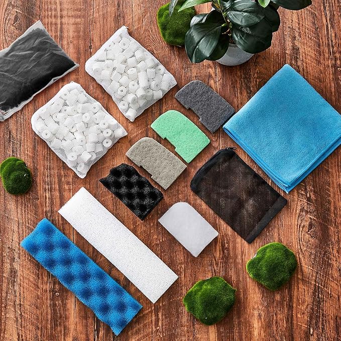 Threlaco 74 Pcs Canister Filter Media Kit Compatible with Fluval 406/407 Filter, Including Foam Pads, Water Polishing Pad, Activated Carbon, Nitrite/Phosphate/Ammonia Remover, Mesh Bag, 2 Ceramic Ring