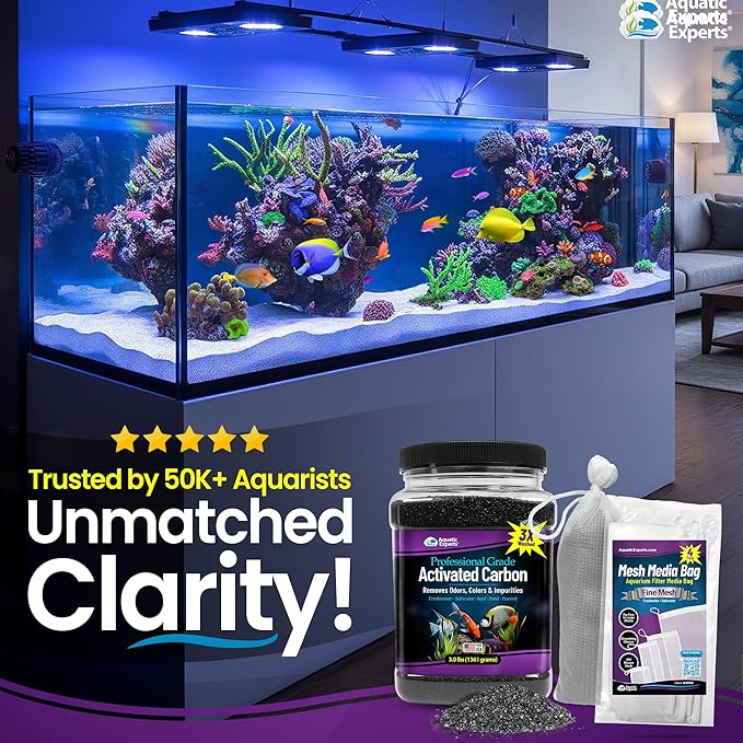 Premium Activated Carbon for Aquariums – 3 lbs Bulk Granulated Charcoal + Four 3" x 8" Fine Mesh Filter Bags, Aquarium Carbon Filter Media for Crystal Clear Fish Tanks