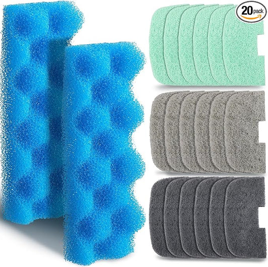 Threlaco 20 Pcs Aquarium Filters Replacement Filter Media Kits Compatible with Fluval 206/207, Including 2 Biological Foams, 6 Ammonia / 6 Phosphate / 6 Nitrite Remover