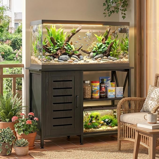 Herture 40-50 Gallon Fish Tank Stand, Aquarium Stand with Cabinet Accessories Storage, Heavy Duty Metal Frame, 40.55" L*18.89" W Tabletop, 850LBS Capacity, Black PG02YGB