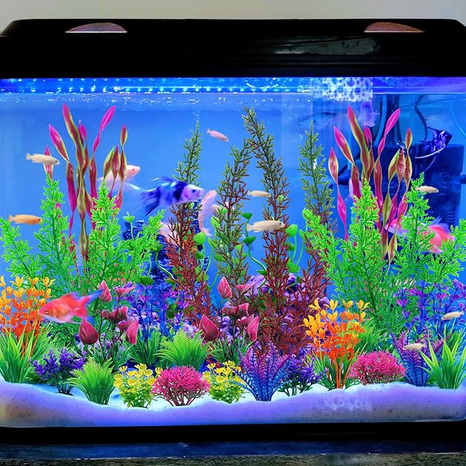 QUOZUO 25pcs Colorful Aquarium Artificial Plastic Plants Decoration, Grass Aquarium Decor Set, Fish Tank Decorations Hides Accessories