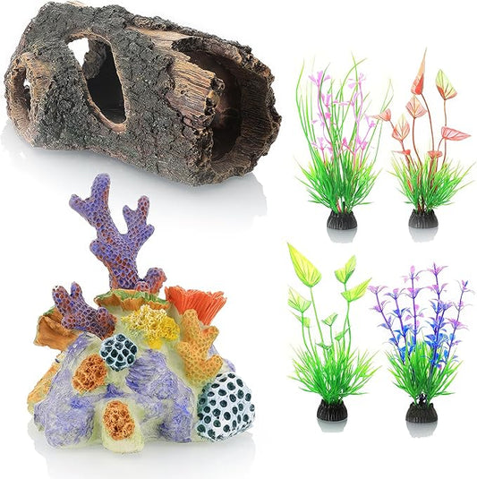 Fish Tank Decoration Ornaments, Resin Hollow Tree Trunk, Coral Reef Simulation Decorations with Plants, 3D Aquascape Aquarium Decor