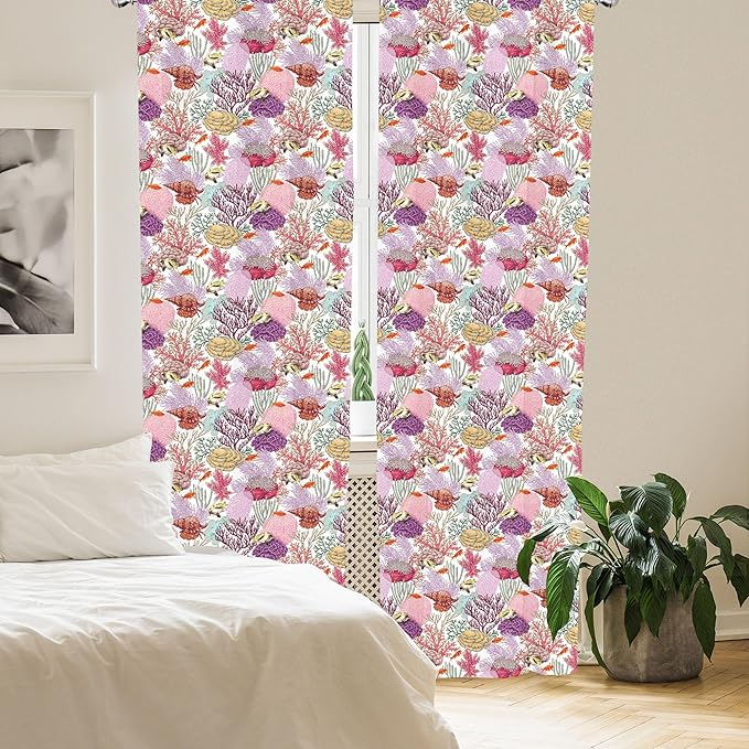 Lunarable Aquarium Curtains, Colorful Coral Reef Pattern with Exotic Fishes and Seashells Aquatic Ecosystem, Window Treatments 2 Panel Set for Living Room Bedroom, Pair of - 28" x 95", Pink Purple