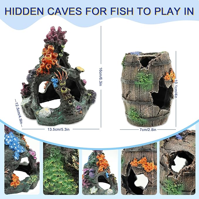 8 Pcs Fish Tank Decor, Small Aquarium Decorations Accessories, Fish Tank Plants Fish Cave Hideout, 2 x Aquarium Cave 4 x Aquarium Plant 2 x Starfish Ornament (Colorful)