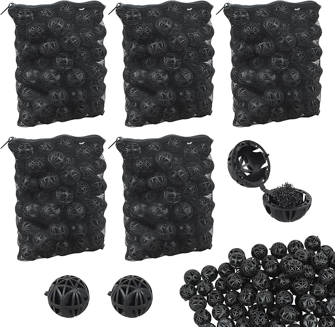 500 Pieces Black Bio Balls 1.02 Inch Internal Bioballs Filter Media for Aquarium Filter&Pond Filter with 5 Pieces Aquarium Filter Media Mesh Bags