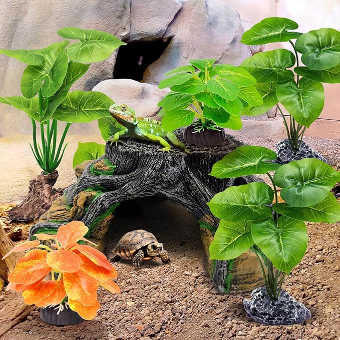 GOZILLA Fish Tank Plants, Reptile Artificial Plastic Plants, Reptile Plants for Terrarium, Aquarium Decorations Resin Pedestal Ornaments for Fish Tank Accessories Set.(5PCS/A-Set)