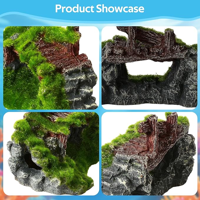 Saim Aquarium Cave Decor, Mossy Hollow Rock Hideout for Betta Fish & Shrimp - Natural Ruins Stone with Hole, Small Fish Hideaway Tank Ornaments
