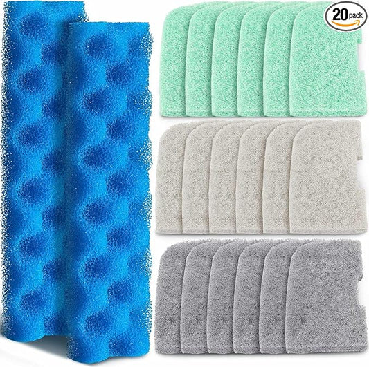 Threlaco 20 Pcs Aquarium Filters Replacement Filter Media Kits Compatible with Fluval 406/407, Including 2 Biological Foams, 6 Ammonia / 6 Phosphate / 6 Nitrite Remover