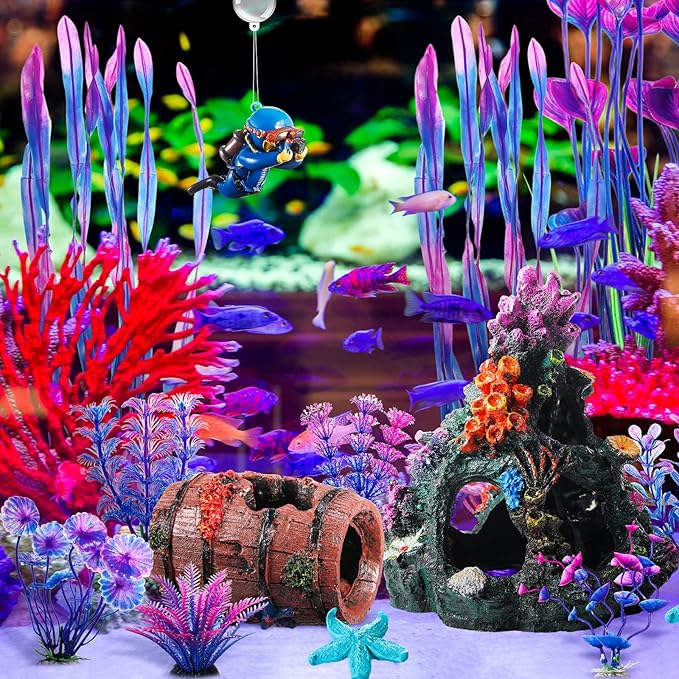 Zeyune 15 Pcs Fish Tank Decorations Mountain Ornament Broken Barrel Sunken Ship Artificial Seaweed Water Plants Colorful Coral Reef for Fish Bowl Aquarium Decor(Purple)