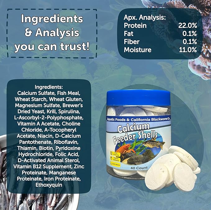 Calcium Feeding Shells, Small & Medium for Shrimp, Snails, Crabs, Crayfish, Plecos, Catfish, All Tropical Fish, 4-Type Wafer & 12-Type Pellet Mix Included 150 Count Canister