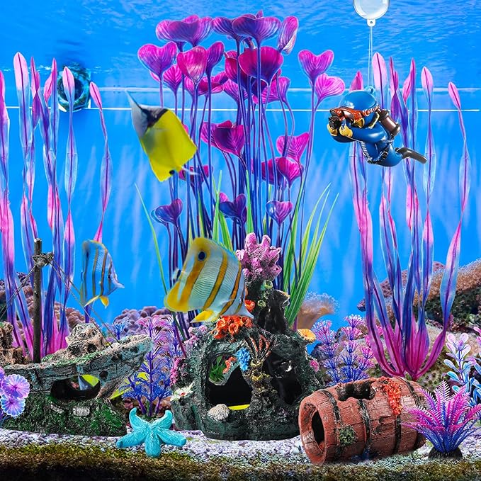 Zeyune 15 Pcs Fish Tank Decorations Mountain Ornament Broken Barrel Sunken Ship Artificial Seaweed Water Plants Colorful Coral Reef for Fish Bowl Aquarium Decor(Purple)