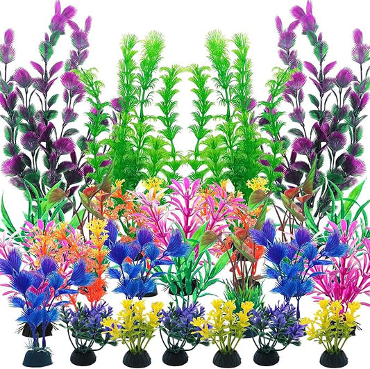 SLOCME 25 Pack Artificial Aquarium Plants Set – Fish Tank Colorful Plants Ornaments Made from Plastic, (2.4–12 inch)